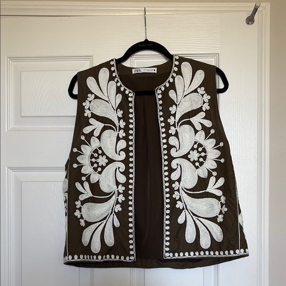 Zara Jackets & Blazers - Zara Brown Vest with White Embroidery